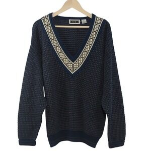 Vintage 90s Blue Gray Textured V-Neck Sweater Après Ski Preppy Academia L